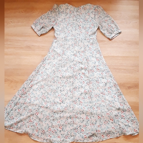 Vintage Blue Floral Print Liberty Dress Sz Small - Puff Sleeves Pearl Trim Dress - Picture 7 of 13